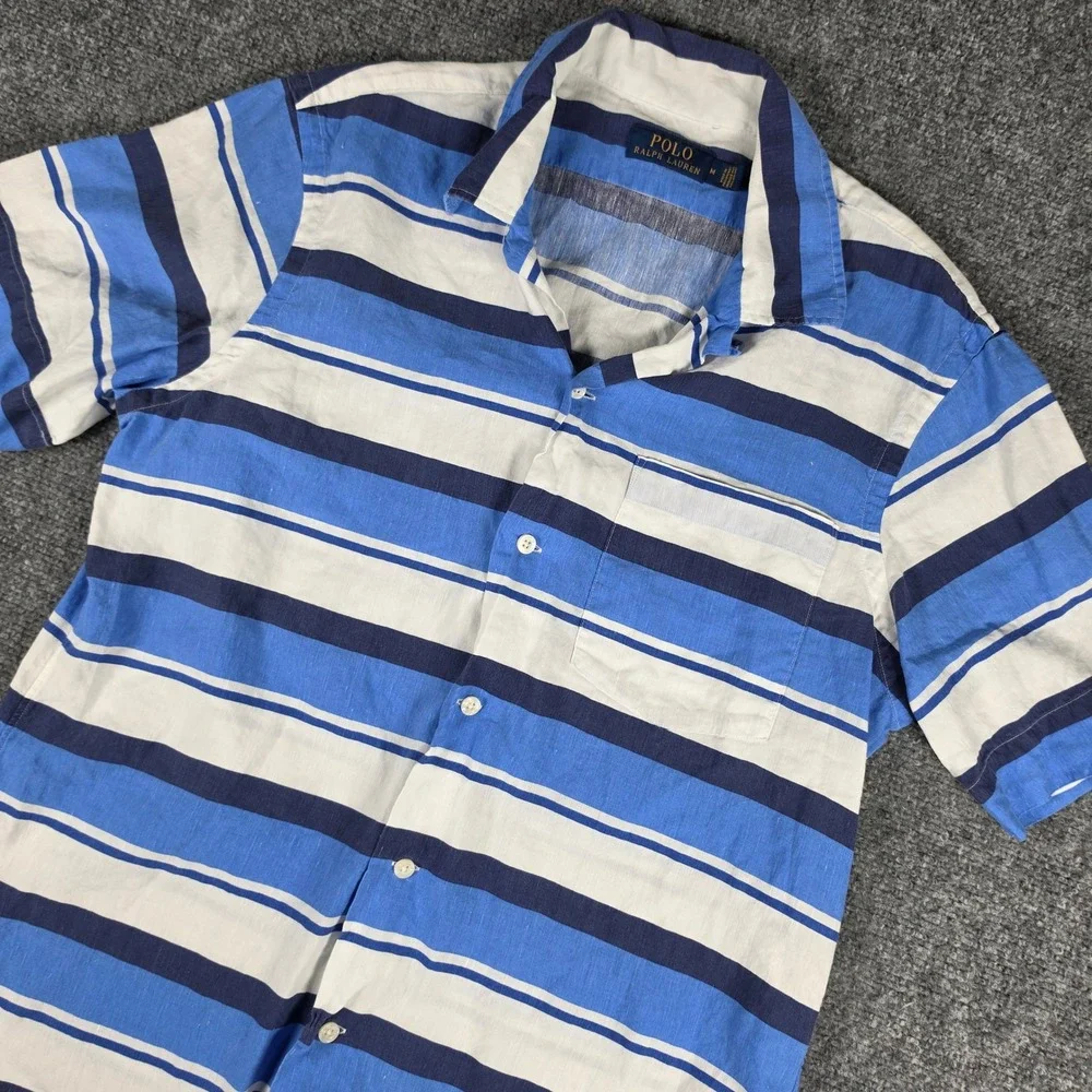 Polo Ralph Lauren Button Down Mens M Blue Striped Linen Blend Short Sleeve Shirt
